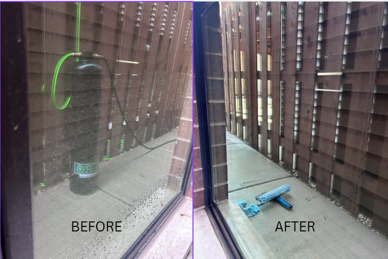 Before and after cleaning a balcony window